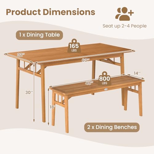 Tangkula 3 Pieces Patio Dining Set, Acacia Wood Space Saving Outdoor Rectangular Picnic Table with 1.97” Umbrella Hole and 2 Benches, for Yard, Garden and Poolside - size: 3 pieces