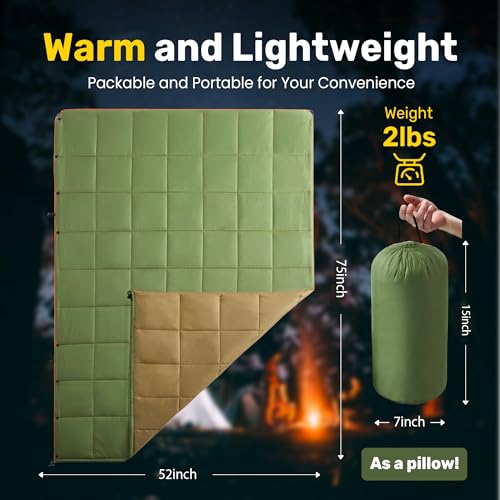 UNIKOME Waterproof Puffy Camping Blanket - Lightweight Packable Outdoor Quilt with Snaps & Corner Loops, Warm Compact Blanket for Cold Weather Hiking Picnic Stadium Travel, 75"×52", Army Green&Brown - color: 02 Army Green&brown