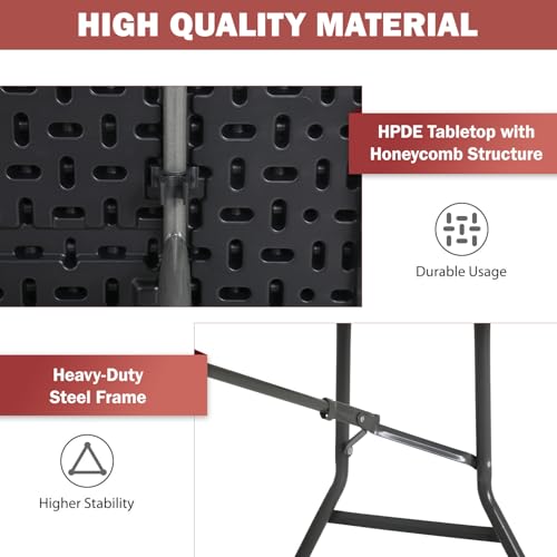 PayLessHere | 8FT Folding Table | Portable Plastic Table with Carry Handle | Waterproof & Foldable Table Design | Steel Frame with Lock | Black | for Events, Camping, Indoor & Outdoor Use - color: Black, size: 8 FT