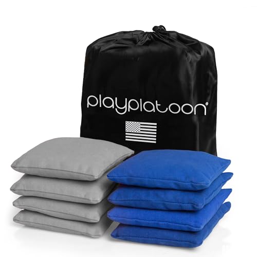 Play Platoon Cornhole Bags Weather Resistant- Set of 8 Regulation Bean Bags for Tossing- Official Professional Size & Weight Corn Hole Bags Two Color All Weather Cornhole Beans Bag Set with Tote Bag - color: Blue & Gray