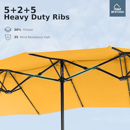 MFSTUDIO 15ft Double Sided Patio Umbrella with Solar Lights, Outdoor Large Umbrellas with Crank Handle and 36 LED Lights, Rectangular Market Umbrella with Base Included for Deck Pool, Gold Yellow - color: Gold Yellow