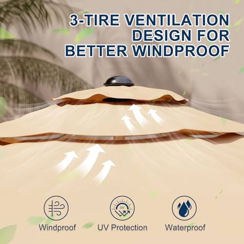 9FT 3-Tier Aluminum Outdoor Patio Umbrella, Fade-Resistant Market Umbrella with Push Button Tilt Function, 8 Sturdy All-Aluminum Ribs for Gardens, Patios, Backyards & Pools - color: Beige, size: 9FT-3Tier (Aluminum Umbrella)