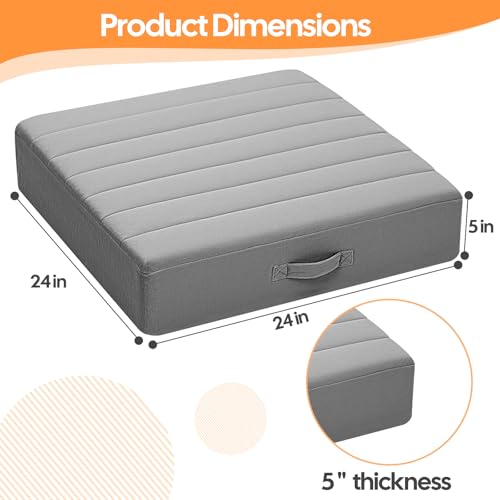 MeMoreCool Square Floor Pillow for Adults and Kids, Large Meditation Cushion with Thick Foam and Washable Tufted Cover, 24-Inch Grey Seat for Sitting and Yoga - color: Light Grey, size: 24 Inch