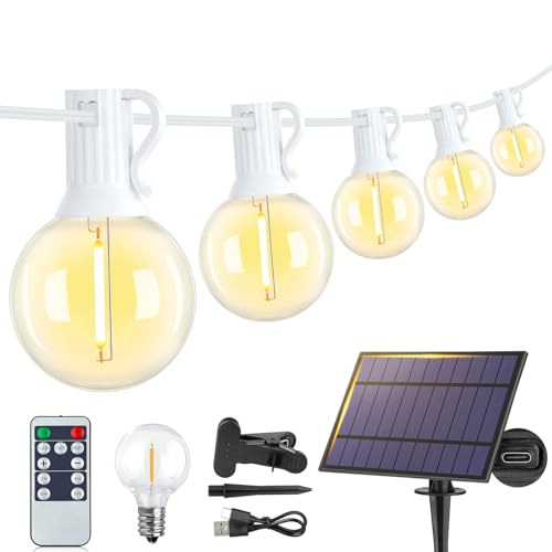 Larkvue 25FT Solar String Lights Outdoor with Remote, Waterproof Dimmable 3 Modes Patio Lights with 10+1 LED Shatterproof G40 Bulbs for Garden-White - color: White