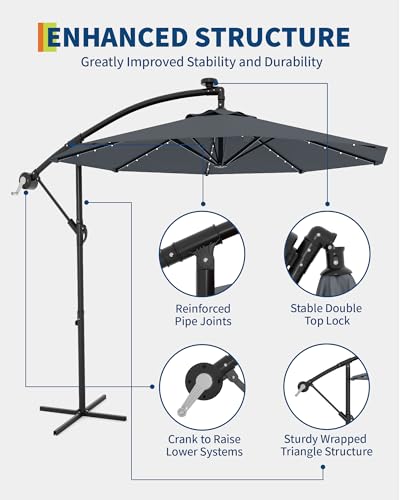Jojoka 10FT Cantilever Patio Umbrella with Solar LED Lights - Offset Outdoor Umbrella - Easy Lift & Tilt - UV Protection - Fade Resistant - Ideal for Deck, Pool, Garden - color: Grey
