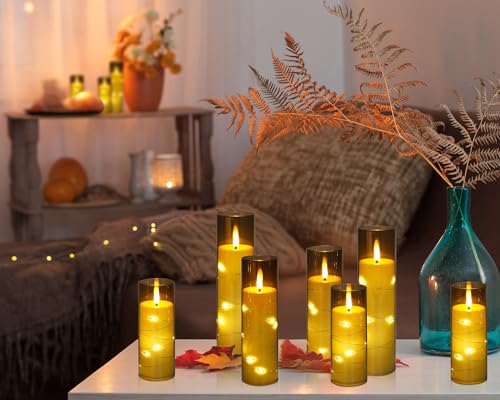 Enido Flameless LED Candles with Remote & Timer, Battery Operated Acrylic Pillar Set, 10 Pc Flickering Electric Lights with Embedded Star String for Cozy Home & Holiday Romantic Decor (Matte Grey) - color: Brown