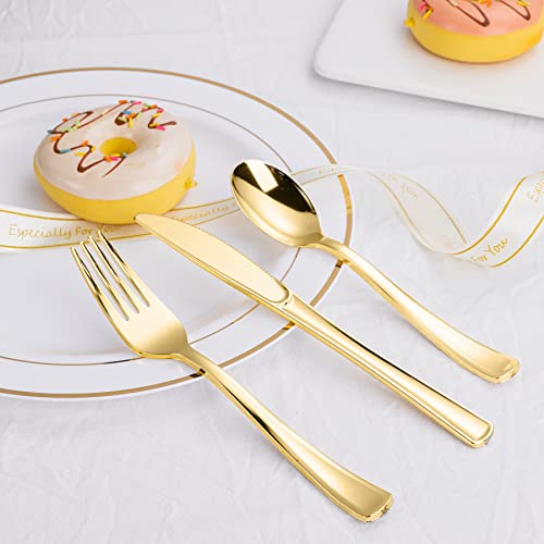 N9R 500PCS Gold Plastic Silverware - Gold Plastic Cutlery Set Disposable Flatware Dinnerware -200 Forks, 150 Spoons, 150 Knives for Party, Birthday, Wedding Utensils - color: Gold-500Pack