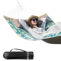 Double Hammock, 11 FT Quilted Fabric 2 Person Hammock for Outside with Pillow, Folding Curved Spreader Bar, Chains, Carrying Bag, Indoor Outdoor, 450 IB Capacity, BlueLeaves - color: Blueleaves