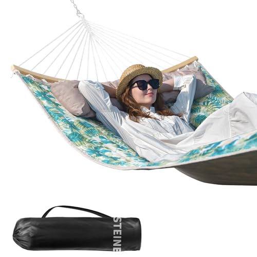 Double Hammock, 11 FT Quilted Fabric 2 Person Hammock for Outside with Pillow, Folding Curved Spreader Bar, Chains, Carrying Bag, Indoor Outdoor, 450 IB Capacity, BlueLeaves - color: Blueleaves