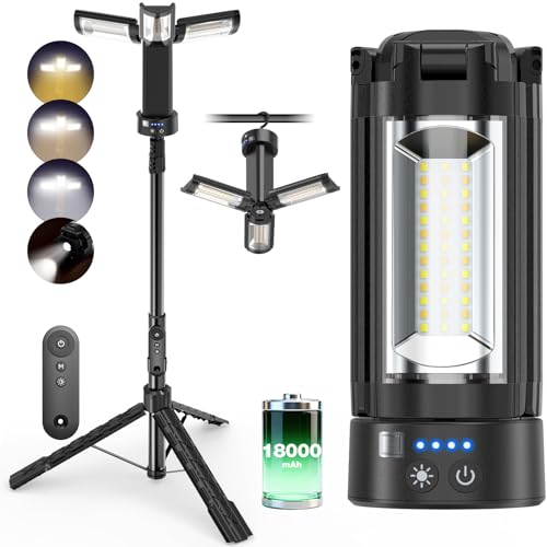 OGERY Camping Lights with Remote, 18000mAh Rechargeable Camping Lantern & LED Work Light, Detachable Tripod Stand up to 6.7 ft, 3 Lamp Heads for Camping Essentials & Emergency, Black - color: Black