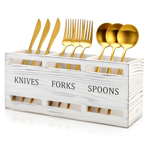 Farmhouse Wooden Utensil Caddy Party Cutlery Silverware Holder Small Wood Utensil Holder for Kitchen Counter Decor Flatware Cutlery Organizer Table Flatware Silverware Caddy Spoon and Fork Organizer - color: Retro White