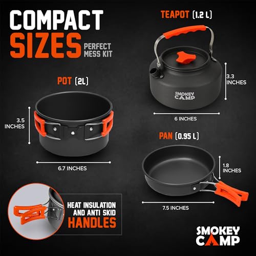 Smokey Camp Camping Cookware Mess Kit Set with Stove - Backpacking Camping Pots and Pans Set, All in One Non-Stick Camping Cooking Set, Portable Stove, Hiking, Picnic, Outdoor & Camping Cookware Set - style: 2.0 Liter Pot