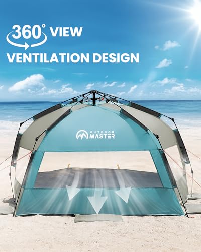 OutdoorMaster Beach Tent Sun Shelter for 3-4 Person, Pop Up Beach Tent Easy Setup with Sandbags, Portable Sun Shade Canopy with Carrying Bag for Beach & Outdoor, UPF50+ UV Protection, Family Size - color: Cancun Seashore, size: X-Large