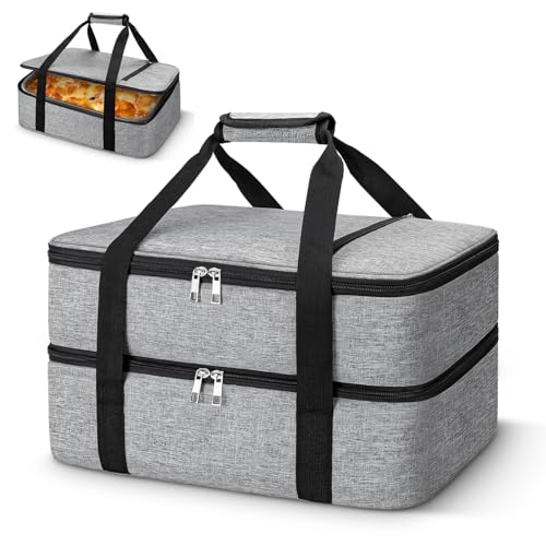 Coobiiya Insulated Casserole Carrier,Lasagna Lugger Tote Keeps Food Hot or Cold,Thermal Lunch Bag Warmer & Cooler Carrier Bag,Portable Tote Bag Fits 9" x 13" Baking Dish for Picnic and Cookout - color: Gray, size: Double Layer: 15.75 × 11.8 × 7.87 in
