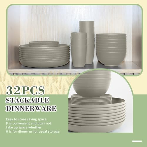 Wrova 32-piece Kitchen Alternative Melamine Wheat Straw Dinnerware Sets,Unbreakbale Dishwasher Safe Kitchen Bowls and Plates Sets with Cups,Apartment Essential Dishes Set for 8.Grey Series - color: Gray, size: 32 Pack