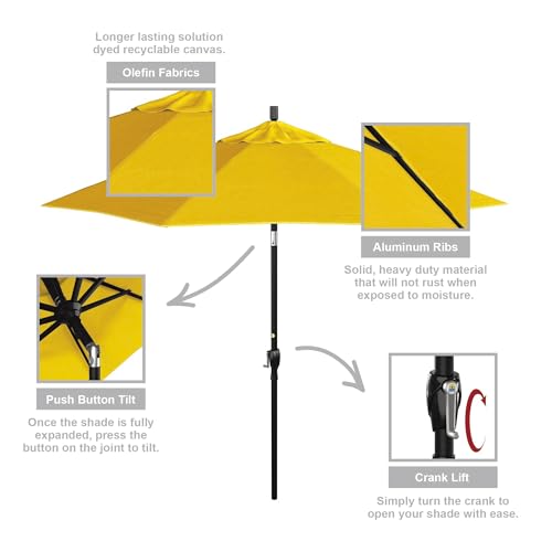 California Umbrella 9' Round Aluminum Market Umbrella, Crank Lift, Push Button Tilt, Black Pole, Lemon Olefin - color: Lemon