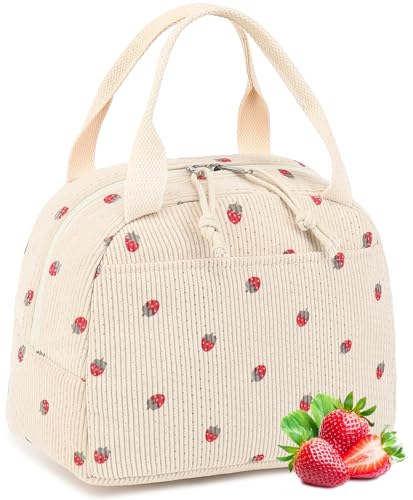 LEDAOU Lunch Box for Women Insulated Lunch Bag Corduroy Lunch Tote Bags Leakproof Cooler Lunchbox for Travel Work Picnic - color: Corduroy Beige-Strawberry