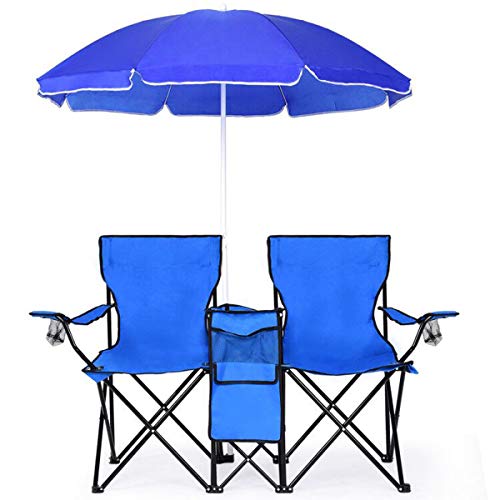 Goplus Double Camping Chair with Umbrella, Folding Loveseat Chairs w/Canopy Shade, Carrying Bag, Table, Cup Holder, Portable Beach Chairs Outdoor Picnic Patio (Blue) - color: Blue