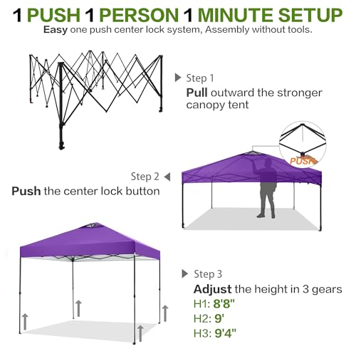 Tunbne 12'x12' Pop Up Canopy Tent with 1 Sidewall and 6 Pockets, One Push Setup, Case, 8 Stakes, 4 Ropes, 4 Sandbags (Purple, 12x12) - color: Purple, size: 12x12