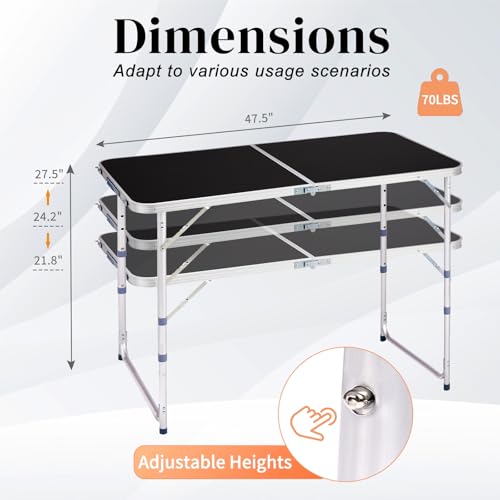 4.0 Ft Folding Portable Camping Table with Three Adjustable Heights, RV Tables for Inside a Camper, Outdoor, BBQ, Dining, Picnic, Cooking, Beach, Garden, Black - color: Black, size: 4 FT
