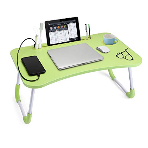 Slendor Lap Desk with Cup Holder, Foldable Laptop Table for Bed, Portable Bed Desk for Laptop and Writing, Computer Tray with Tablet Slot, Notebook Stand Reading Holder for Couch Sofa Floor,Green - color: Green