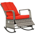 Outsunny Wicker Outdoor Rocking Chair, Patio Recliner with Adjustment Backrest, PE Rattan Lounge Chair with Adjustable Footrest and Cushions for Garden, Backyard, Porch, Red - color: Mixed Brown/Red