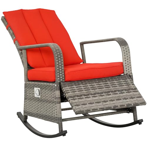 Outsunny Wicker Outdoor Rocking Chair, Patio Recliner with Adjustment Backrest, PE Rattan Lounge Chair with Adjustable Footrest and Cushions for Garden, Backyard, Porch, Red - color: Mixed Brown/Red