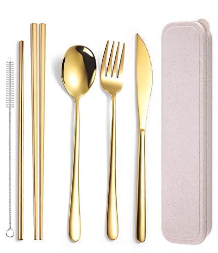 AARAINBOW 6 Pieces 18/8 Stainless Steel Flatware Set Portable Reusable Cutlery Set Travel Utensils Set Including Chopsticks Knife Fork Spoon Straws Cleaning Brush Dishwasher Safe (Golden) - color: Golden