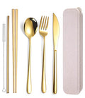 AARAINBOW 6 Pieces 18/8 Stainless Steel Flatware Set Portable Reusable Cutlery Set Travel Utensils Set Including Chopsticks Knife Fork Spoon Straws Cleaning Brush Dishwasher Safe (Golden) - color: Golden