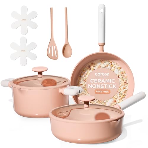 CAROTE Pots and Pans Set Nonstick, Ceramic Cookware Set, Pink Cooking Set Kitchen Induction Set with Steamer, PFAS PTFE Free,9 Piece - color: Pink, size: Stockpot