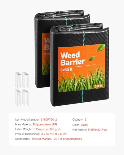 VEVOR Weed Barrier Fabric Heavy Duty, 2 Packs 3x50FT 3.2oz Weed Blocker Fabric, Woven Landscape Fabrics, Garden Fabrics Weeds Barrier, Weeds Control Ground Cover, Geotextile Webbing, Black - size: 3FT*50FT*2Packs-3.2oz