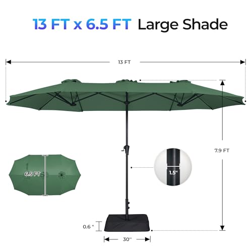 SUPERJARE 13FT Outdoor Patio Umbrella with Base Included, Double Sided Pool Umbrellas with Fade Resistant Canopy, Large Table Umbrella for Deck, Market, Backyard - Forest Green - color: Forest Green, size: 13FT