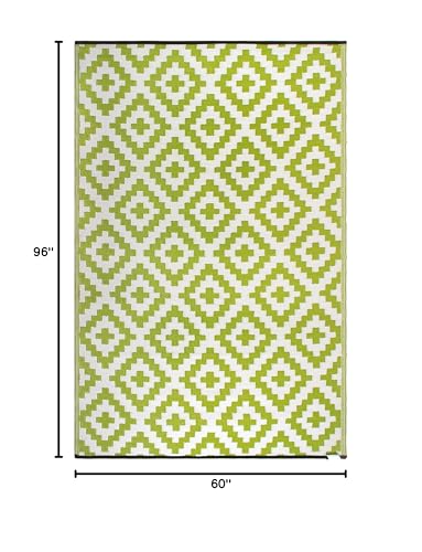FH Home Outdoor Rug - Waterproof, Fade Resistant, Reversible - Premium Recycled Plastic - Geometric - Patio, Porch, Deck, Balcony - Aztec - Green & White Crease Free - 5 x 8 ft - color: Aztec - Green & White, size: 5' x 8' (Rectangular)