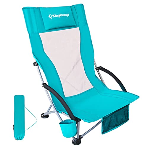 KingCamp Folding Beach Chair High Back Lightweight Portable Backpack Chair with Headrest, Cup Holder for Camping Outdoor Sand Concert Lawn Festival Sports, Cyan - color: Cyan-high Back