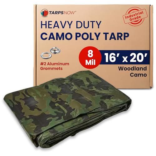 Tarps Now 16x20 ft Heavy Duty Camo Tarpaulin – 8 MIL Waterproof Camouflage Plastic Tarps with Aluminum Grommets, Reinforced Edges & Tear Resistant Cover for Camping, Roofing, Construction, Outdoor Use - size: 16' x 20'