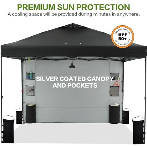 Tunbne 12'x12' Pop Up Canopy Tent with 1 Sidewall and 6 Pockets, One Push Setup, Instant Shade Tent with Vented Roof for Beach Patio Outdoor, Case, 8 Stakes, 4 Ropes, 4 Sandbags (Black, 12x12) - color: Black, size: 12x12