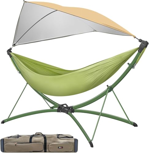 Portable Outdoor Hammock with Quick-Fold Stand,Adjustable Sunshade,Waterproof & UV-Resistant,Heavy-Duty 550lb Capacity,Travel 2-Person Hammock with Storage Bag for Camping,Backyard,Beach,Patio,Indoor - color: Green