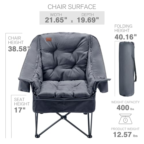 EVER ADVANCED XL Camping Chair with Detachable Cushion, Mesh Chair for Adults Foldable, Oversized Heavy Duty Folding Chair with Cooler Mesh Pocket Cupholder Outdoor Fishing, Supports 400LBS Grey - color: Grey, size: 1 P