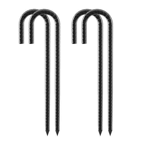 12 Inch Rebar Stakes, 4 Pack J Hook Heavy Duty Ground Stakes for Canopy Tent Trampoline and Chain Link Fence Rust Proof Coated Steel Ground Stakes Ground Anchors (Black) - color: J-4Pcs