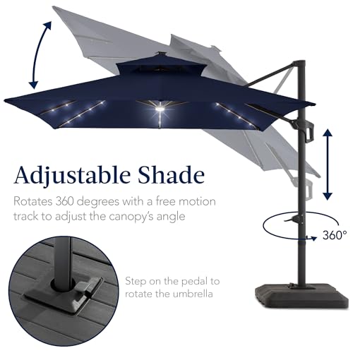 Best Choice Products 9x12ft LED Cantilever Patio Umbrella w/Base Included & 360° Rotation, Large Solar Offset Hanging Outdoor Sun Shade for Deck, Backyard Table w/Stand & Lights – Navy Blue - color: Navy Blue, size: 9x12ft