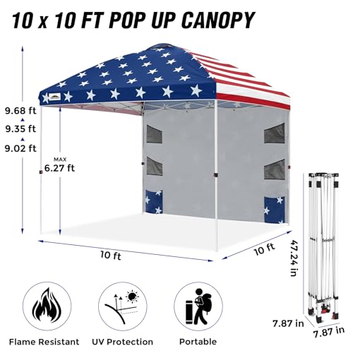 EAGLE PEAK Commercial Canopy 10x10 with Sidewall Storage, Easy OnePerson Setup Pop Up Canopy Tent with Roller Bag, Stakes, Ropes, and Weight Bags, American Flag - color: American Flag