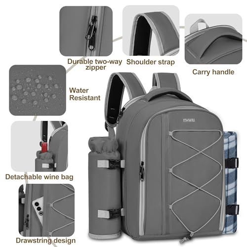Picnic Backpack for 4 Persons with Insulated Leakproof Cooler Compartment, Cutlery Sets, Wine Holder, Fleece Blanket, Wedding Gifts for Couples, Perfect for Beach, Camping, Hiking, Grey - color: Gray