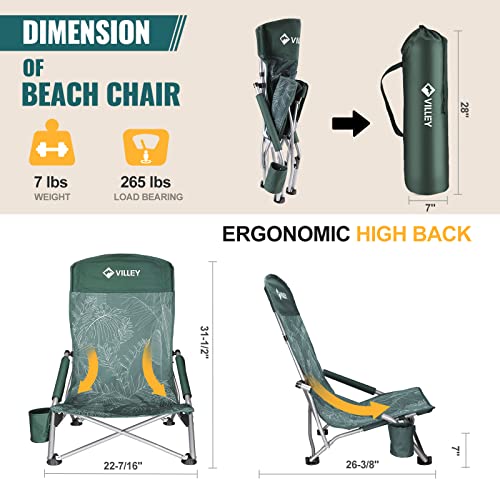 VILLEY Low Beach Chair, High Back Folding Adult Chair, Lightweight & Portable for Outdoor, Beach, Camping, Lawn, Music Festival, with Cup Holder & Carry Bag - Vintage Green Leaves - color: Vintage Green Leaves