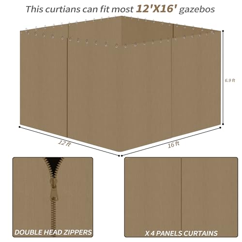 Gazebo Privacy Curtains 12' x 16' with Zipper 4-Panels Side Wall Universal Replacement for Patio, Outdoor Canopy, Garden and Backyard (Curtain Only) - color: Khaki, size: 12' x 16'