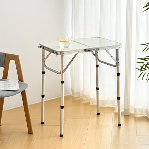 YUFIFAIRY Folding Table Small, 24''L x16''W Camp Aluminum Table with Adjustable Height Legs, Indoor Outdoor Lightweight Portable Folding Aluminum Dining Table for Picnic Camping 2-Feet（10"/19"/27） - color: Silver & Sage Gray, size: 24"L x 16"W x 27.48"H