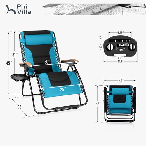 PHI VILLA XXL Oversized Padded Zero Gravity Chair, Foldable Patio Recliner, 30" Wide Seat Anti Gravity Lounger with Cup Holder, Support 400 LBS (Aqua) - color: Aqua, style: 1 Pcs