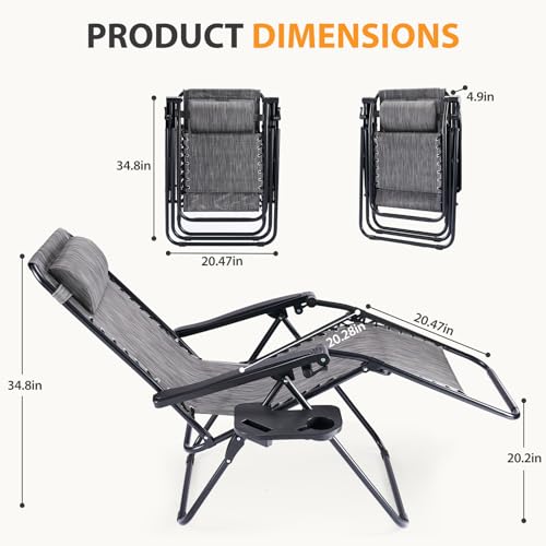 NEWBULIG Zero Gravity Chair Set of 2, Lounge Chair Folding Portable Adjustable Camping Reclining Chairs with Adjustable Pollow, Mesh Back, Cup Holder Trays Lawn Patio Chair for Pool Beach - Grey - color: Grey, size: 2 Pack