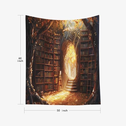 EMMTEEY Enchanting Library Tapestry 50X60 Inch - Fairytale Bookshelf Room Wall Decor Fantasy Medieval Backdrop for Living Room Dorm - color: Fantasy-8, size: 50"L x 60"W