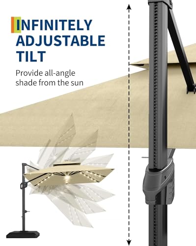 9ft Outdoor Patio Umbrella Heavy Duty 8 Ribs, Waterproof UV Protection Sun Shade with Crank Lift & Push Button Tilt, Outdoor Umbrella for Deck, Pool, Garden, Backyard, Lawn - color: Beige&Square-Lights, size: 10FT Roman