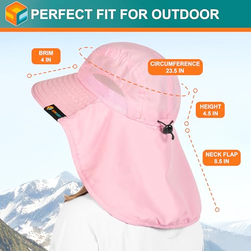 SUN CUBE Wide Brim Sun Hat with Neck Flap, UPF50+ Hiking Safari Fishing Hat for Men Women, Sun Protection Beach Hat - color: Pink